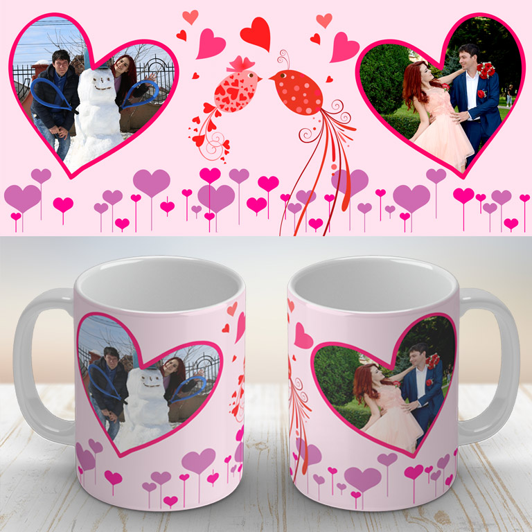 Cană personalizată cu 2 fotografii și păsărele